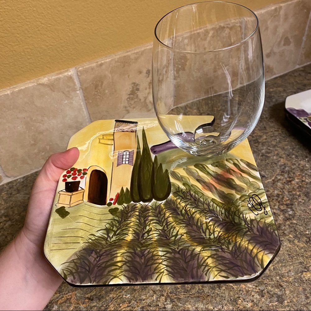 New/Never Used Set of 6 Appetizer Wine Holder Plates w/Italian Theme